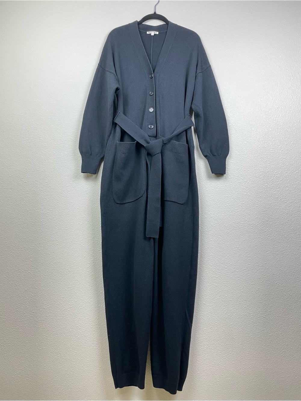 Alex Mill Women's Large Sweater Jumpsuit Blk Long-Sleeve Knit Belted Wool Cotton